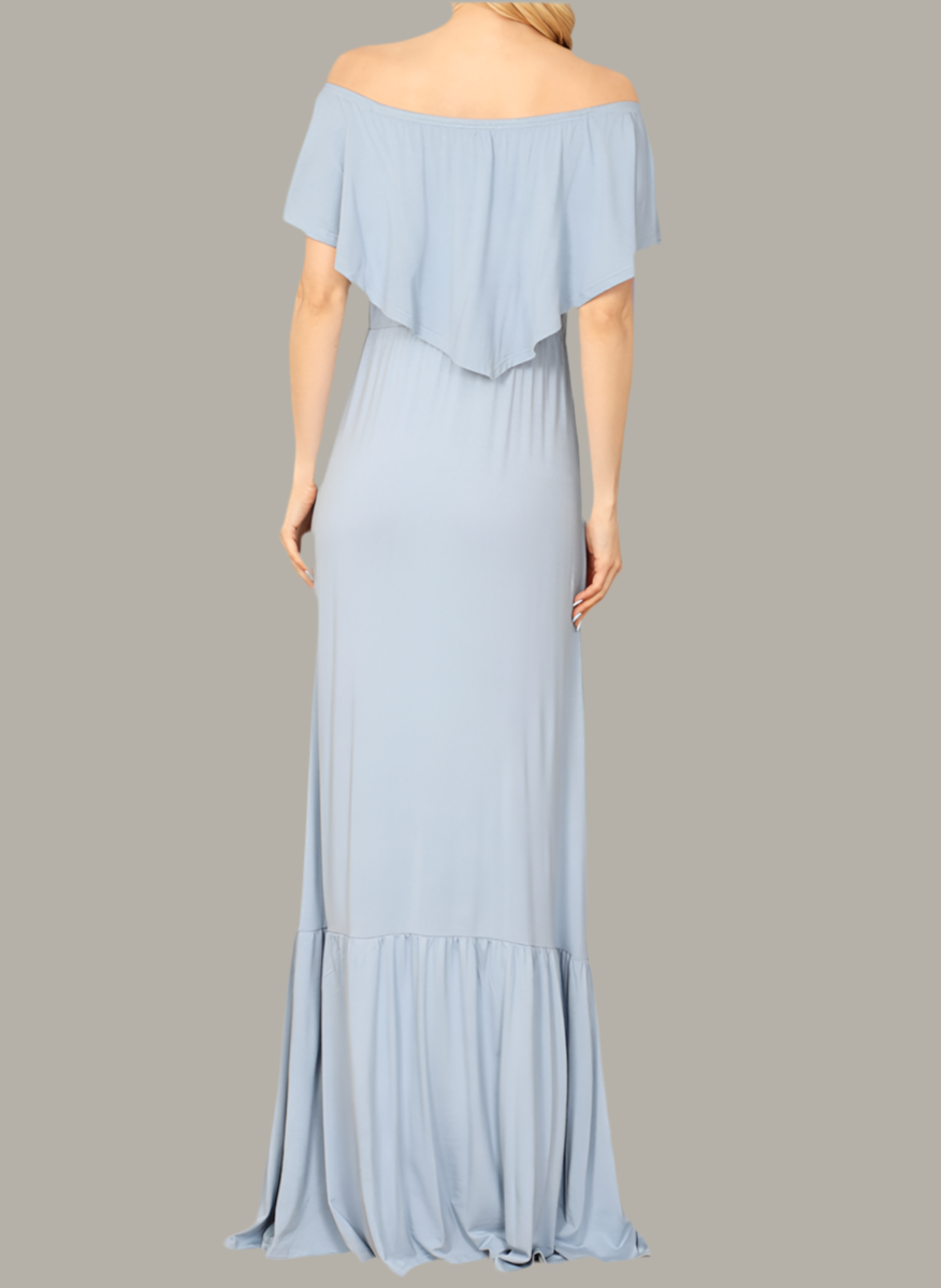 110424 - Salve Blue Off-shoulder with Ruffle Detail Maxi Dress