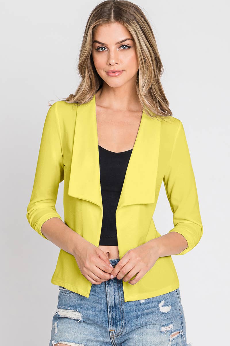 050526 - Bridget Casual Work Ruched 3/4 Sleeve Open Front Blazer