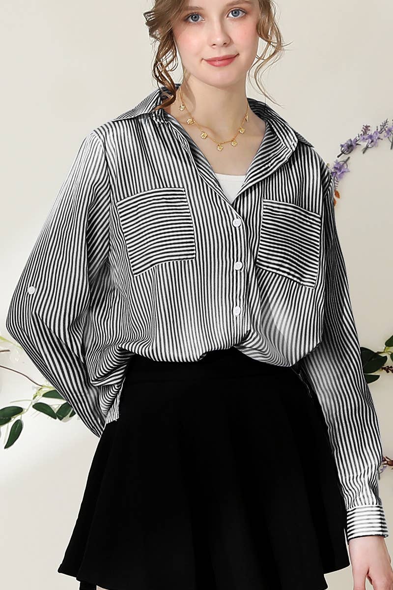 051226 Julie Striped Button Down Long Sleeve Collared Shirts
