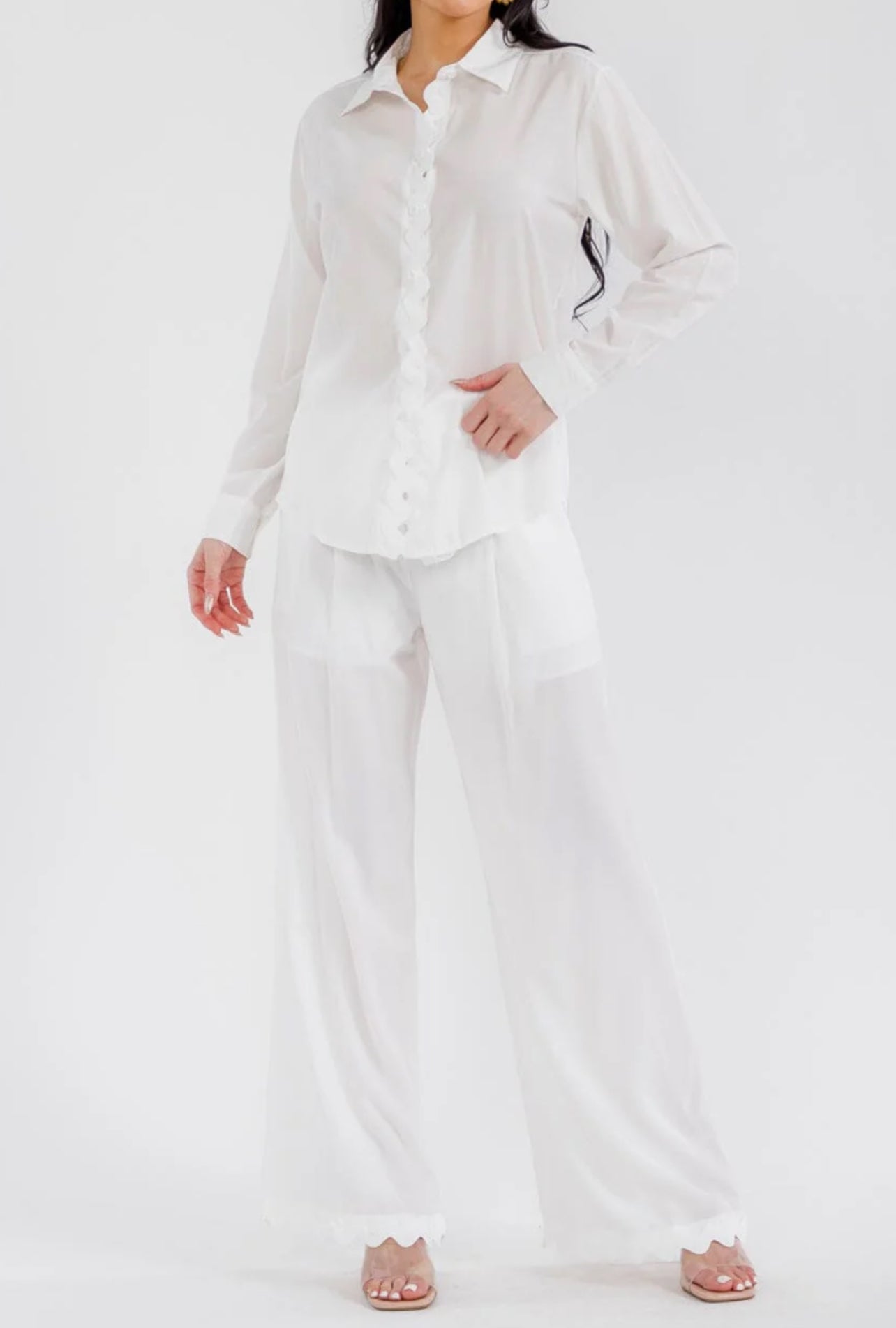 030126 BRENDA LONG SLEEVE TOP & BUTTON CLOSURE PANTS TRIM DETAILED 2 PIECES SET