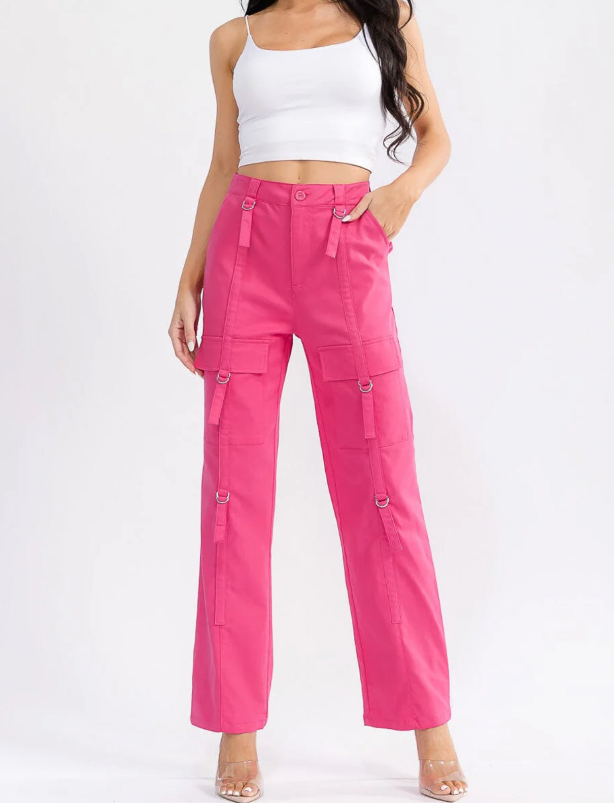 041426 Candy Button Closure Cargo Pockets Wide Leg Pants