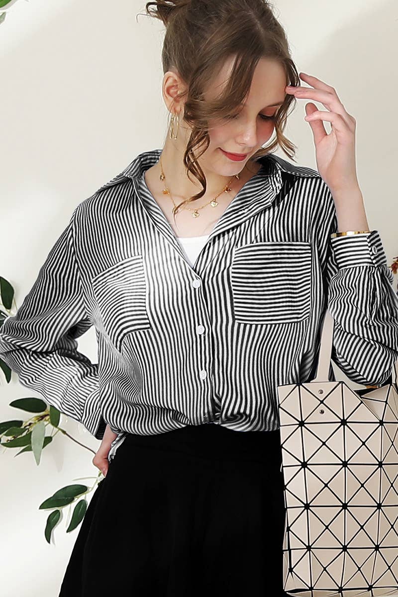 051226 Julie Striped Button Down Long Sleeve Collared Shirts