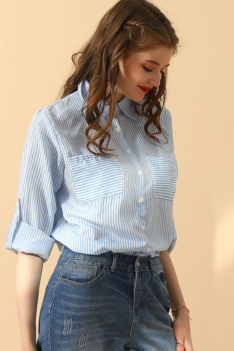 051226 Julie Striped Button Down Long Sleeve Collared Shirts