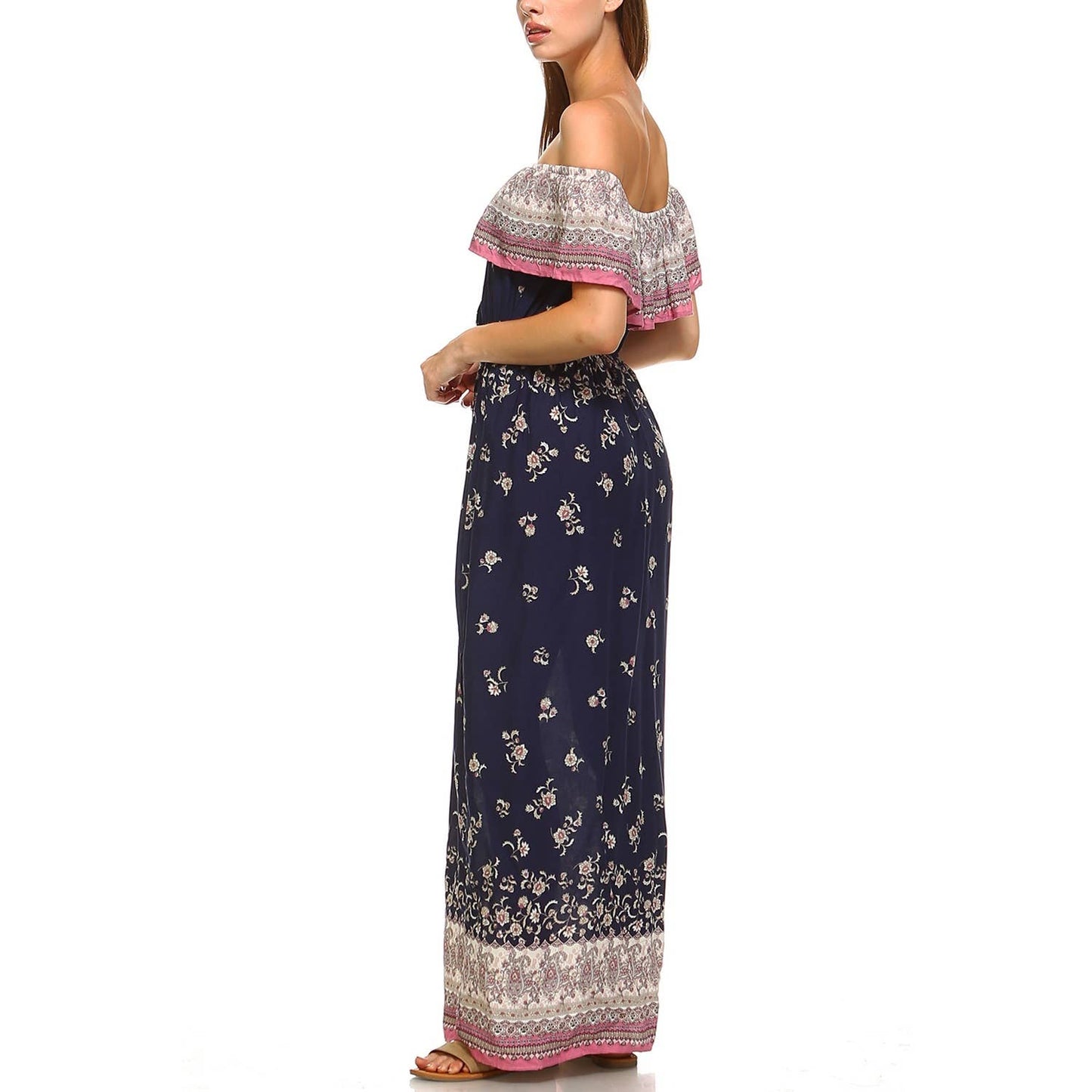 041626 Ofelia Floral Print Off Shoulder Maxi Dress