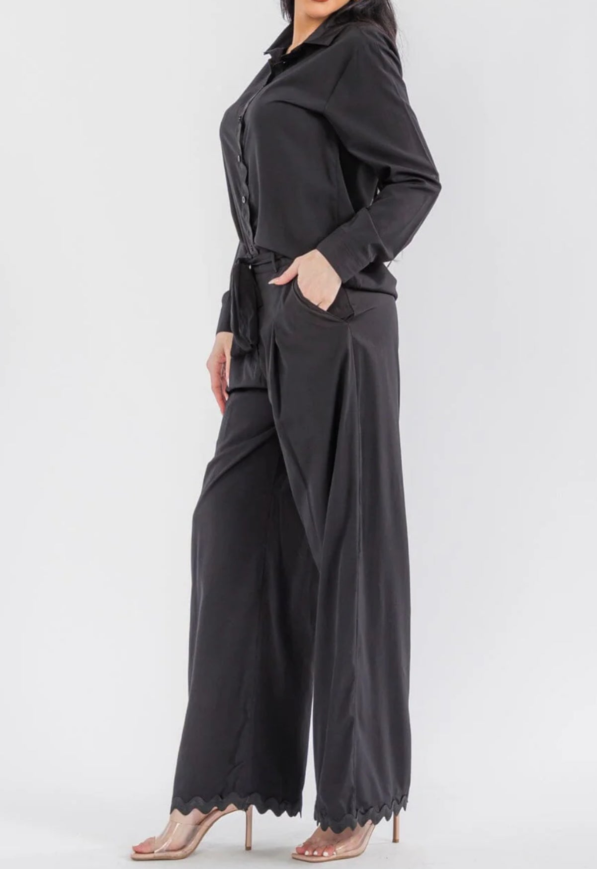 030126 BRENDA LONG SLEEVE TOP & BUTTON CLOSURE PANTS TRIM DETAILED 2 PIECES SET