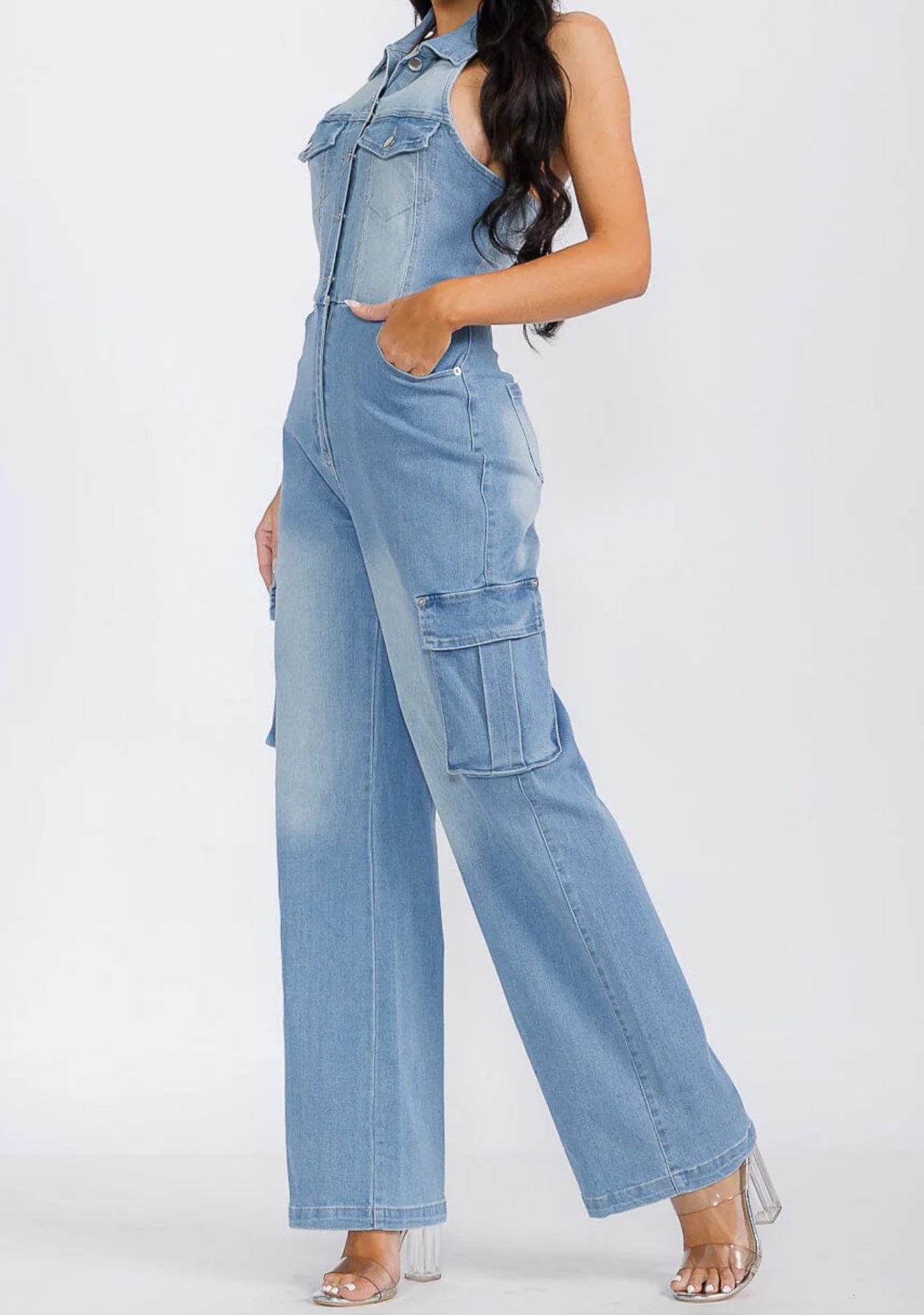 120225 Haley Denim Halter Jumpsuit