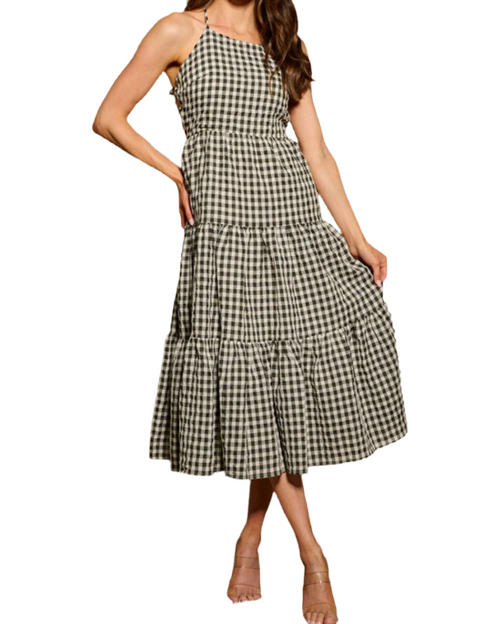 061124 - Renata Sleeveless Open Back Tiered Checkered Print Maxi Dress