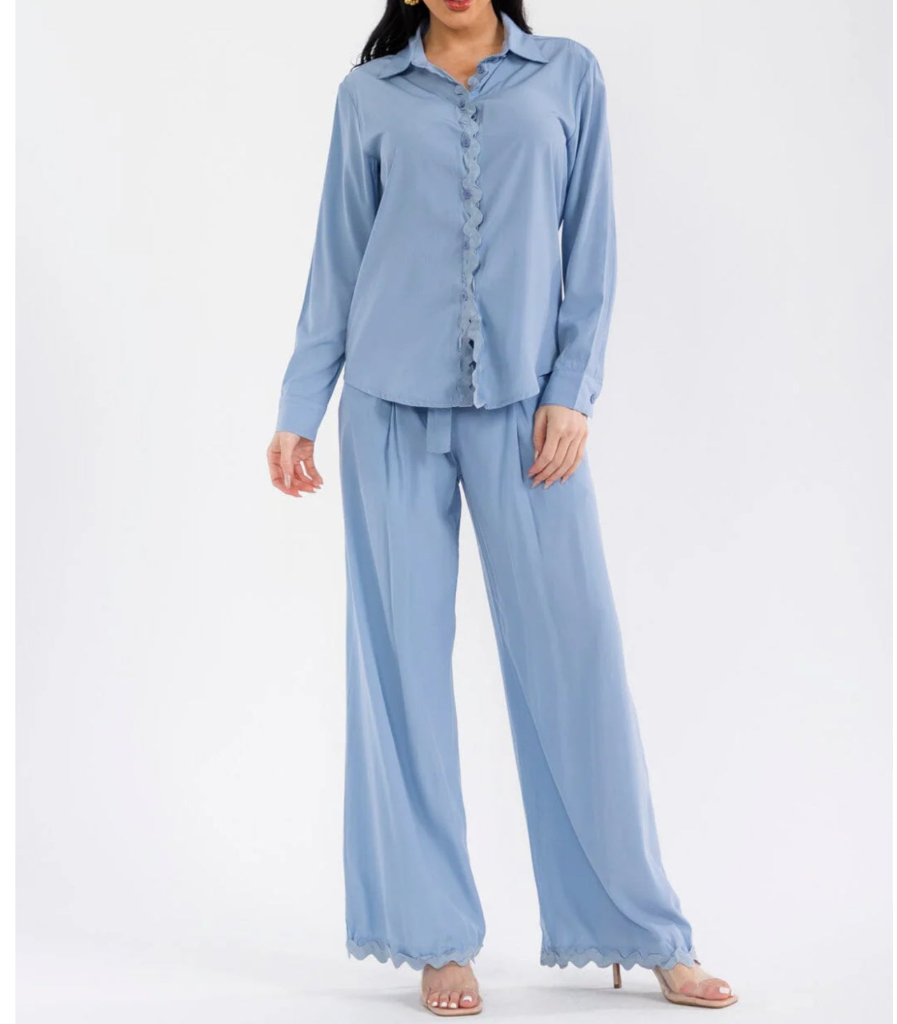 030126 BRENDA LONG SLEEVE TOP & BUTTON CLOSURE PANTS TRIM DETAILED 2 PIECES SET
