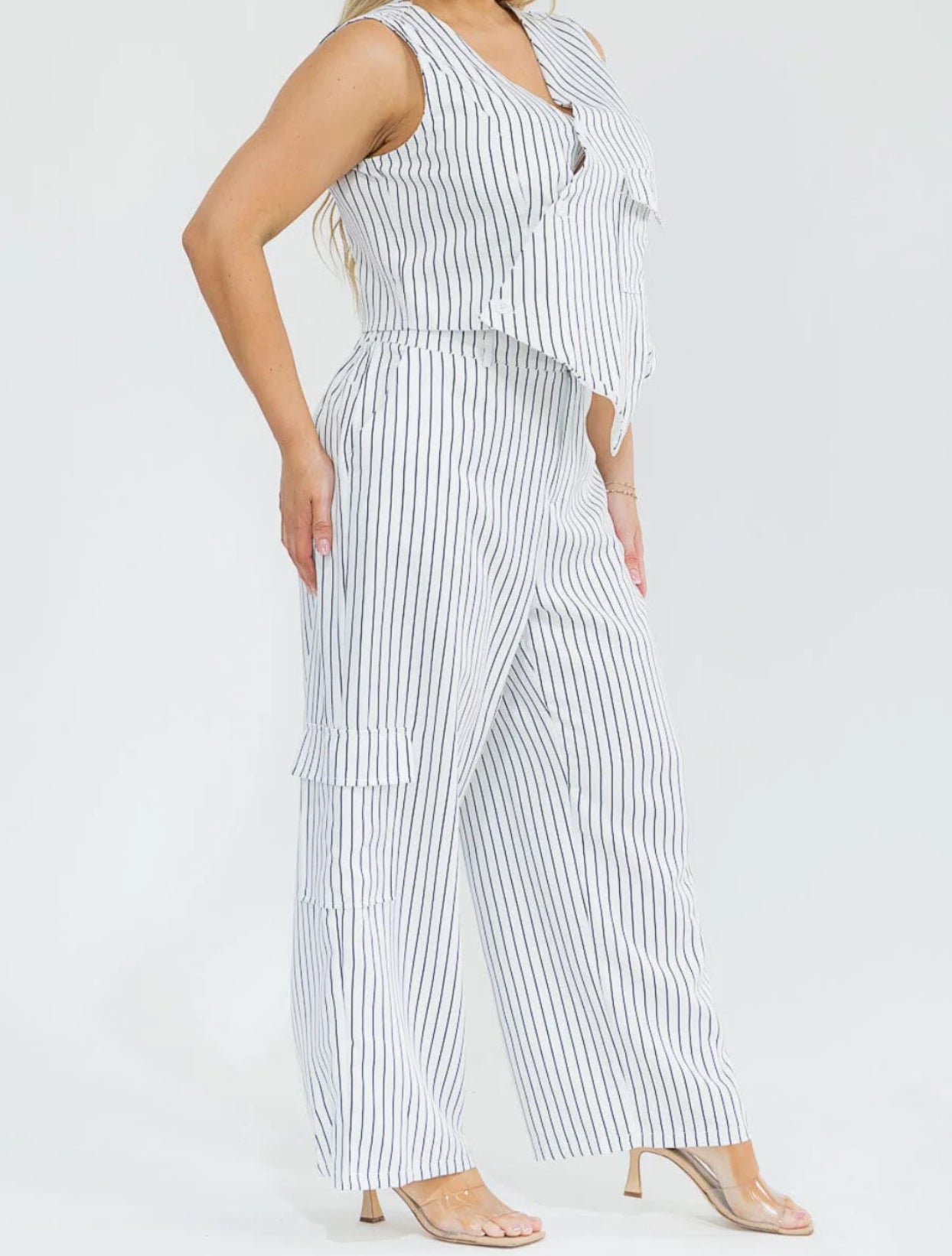 041926 Tabitha Striped Detail Sleeveless Blouse & Pant Set - 2 pc set