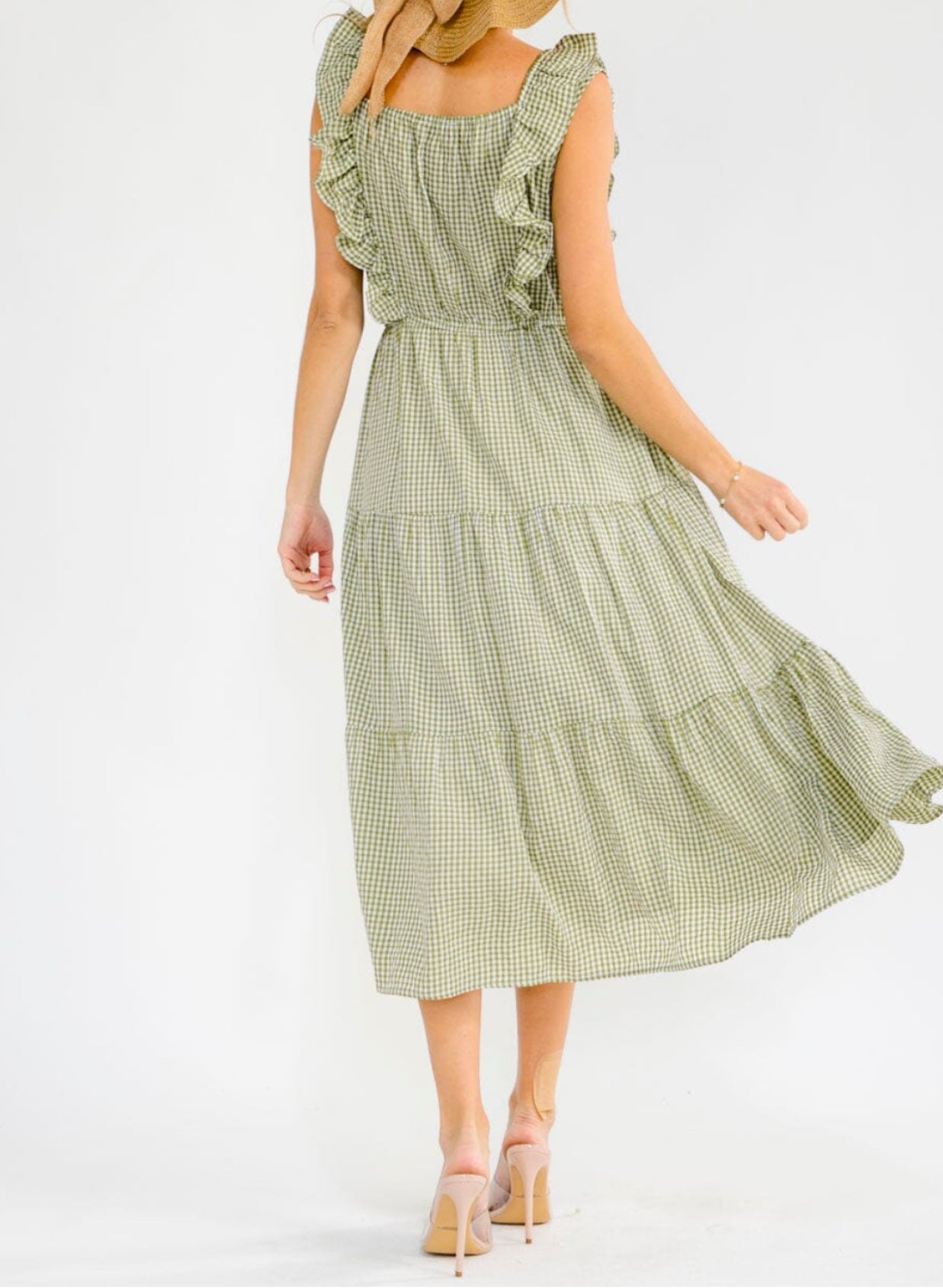 030426 CHARLYN SLEEVELESS FRONT POCKETS RUFFLE TIERED PLAID MAXI DRESS