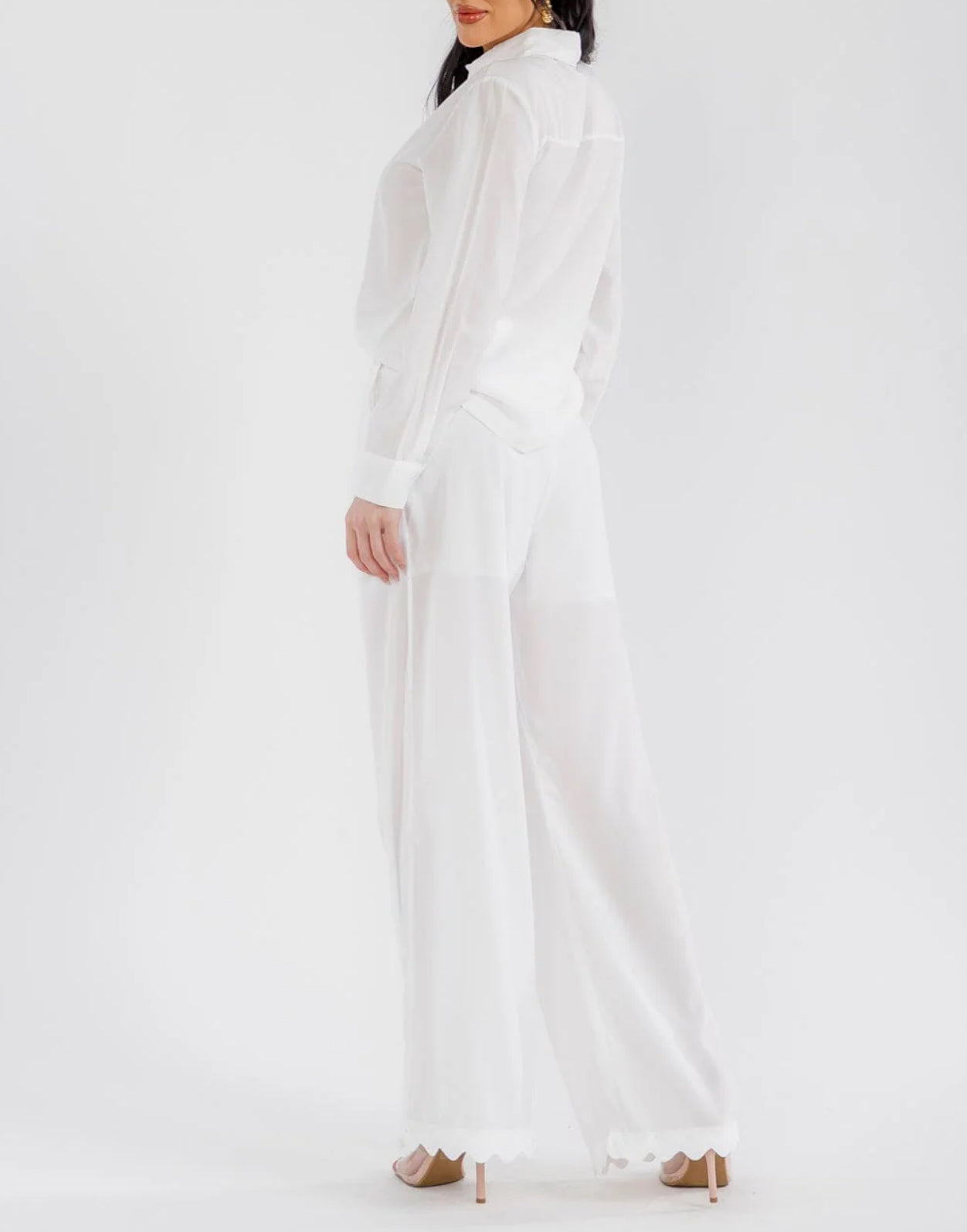 030126 BRENDA LONG SLEEVE TOP & BUTTON CLOSURE PANTS TRIM DETAILED 2 PIECES SET