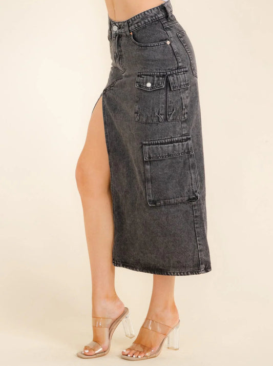 061125 - Evangeline Side Slits Denim Midi Skirt