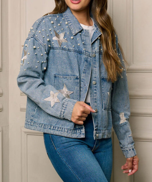 010524 - Maya Pearl & Stars Detailed Denim Jacket