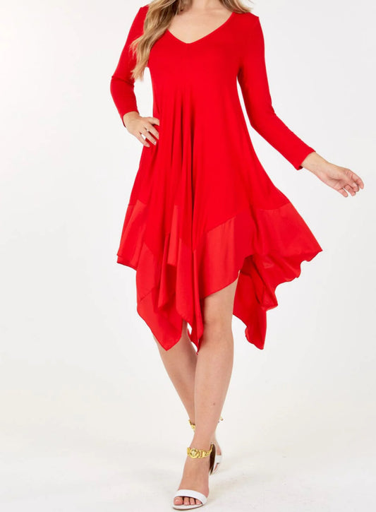 020325 Jolyn Red Long Sleeve High Low Tunic Dress