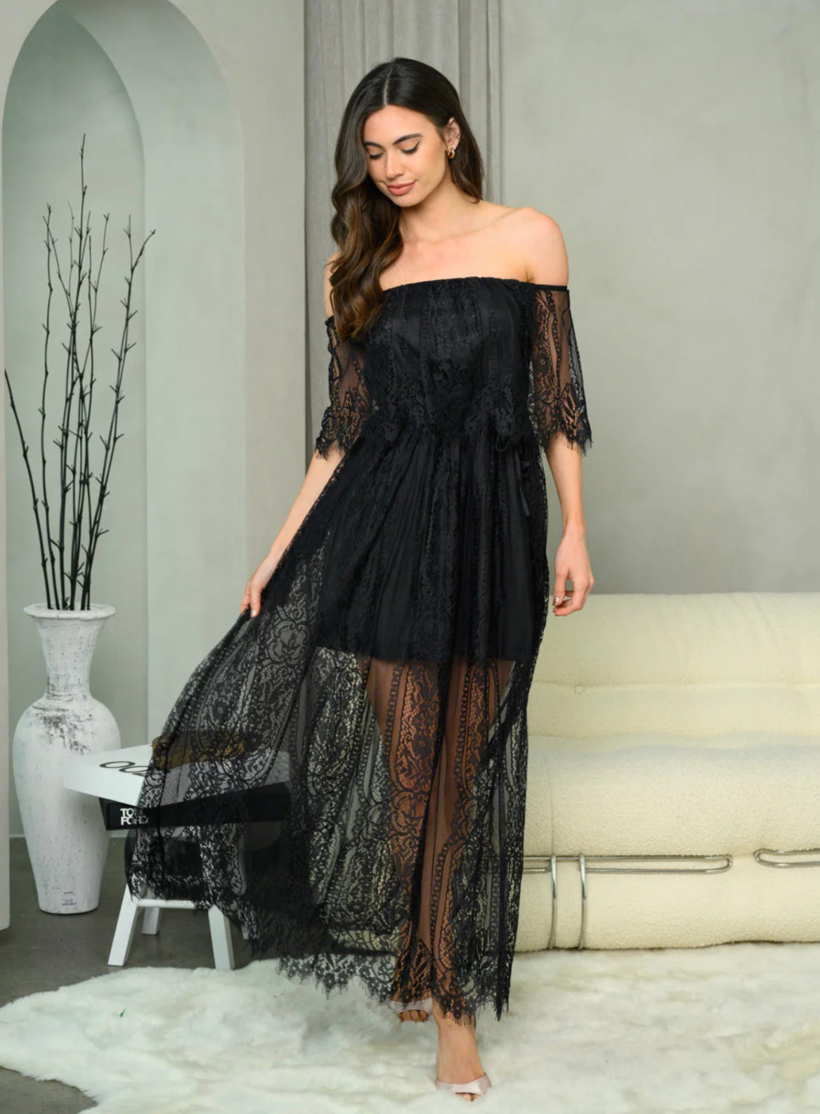 100723 Off Shoulder All Over Lace Maxi Dress