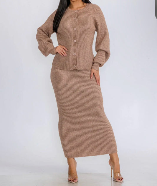 021125 Dez Long Sleeve Top & Pencil Maxi Skirt 2 Pc Set