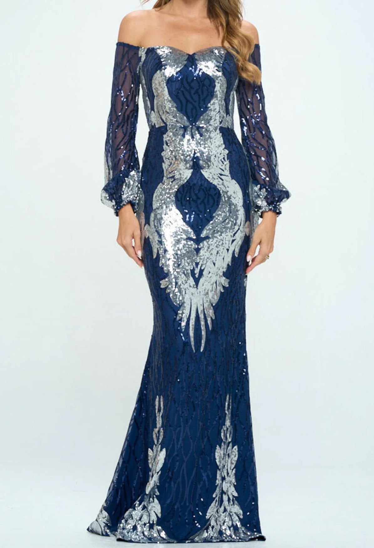 101024 - Jay Off-shoulder Long Sleeve Sequins Gown