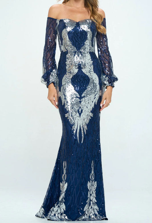 101024 - Jay Off-shoulder Long Sleeve Sequins Gown