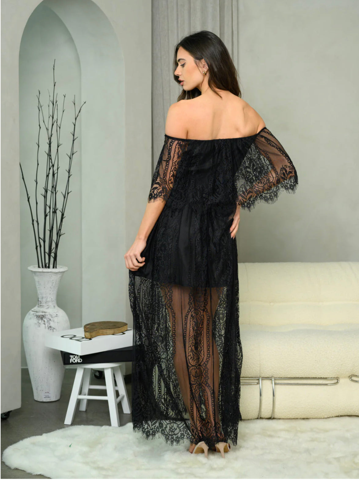 100723 Off Shoulder All Over Lace Maxi Dress