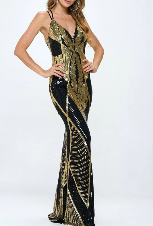 120123 - Sleeveless V-neck Sequins Gown Maxi Dress