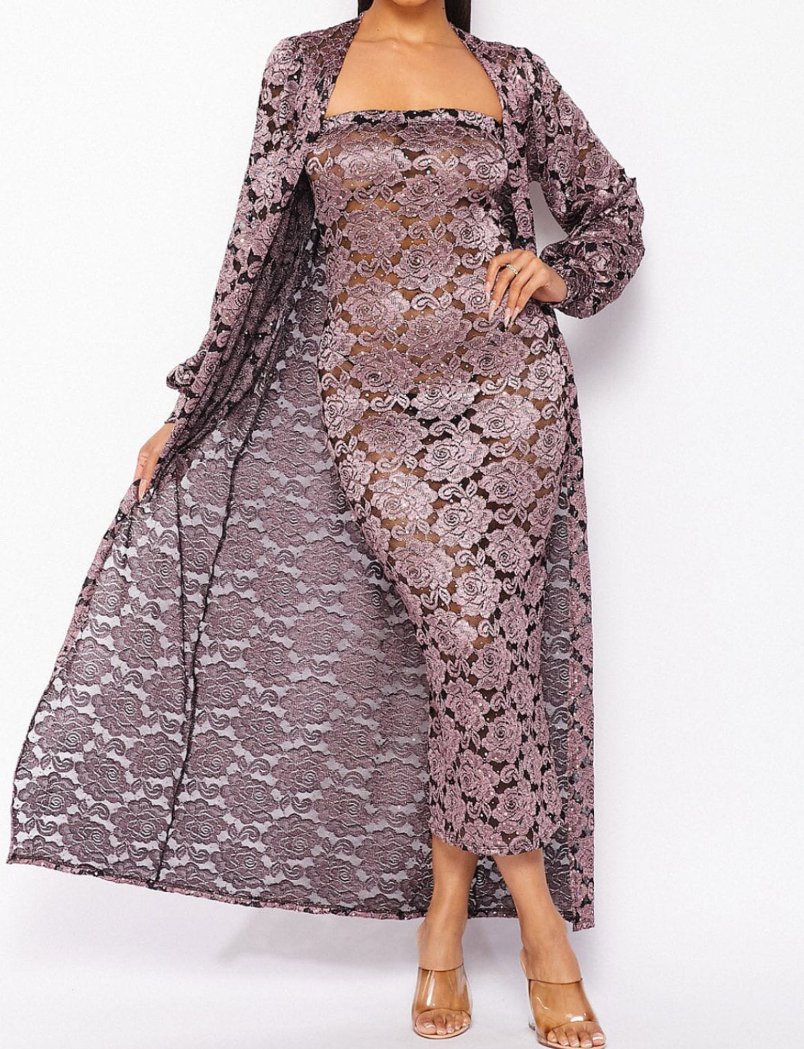 112124-Matet Lace Tube Long Dress with Long Cardigan