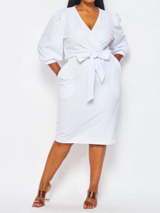 061924 - Plus Size - 3/4 Puff Sleeve Surplice Self Tie Pockets Mini Dress