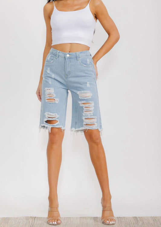 060525 Kassie Distress Denim Biker Shorts