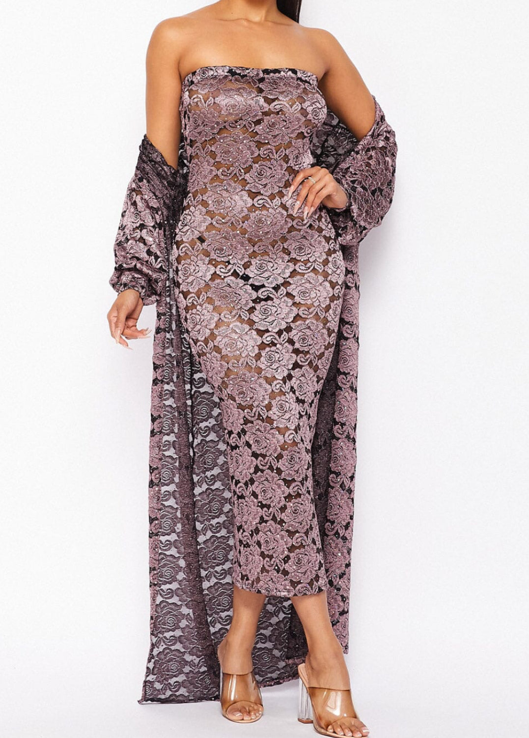 112124-Matet Lace Tube Long Dress with Long Cardigan