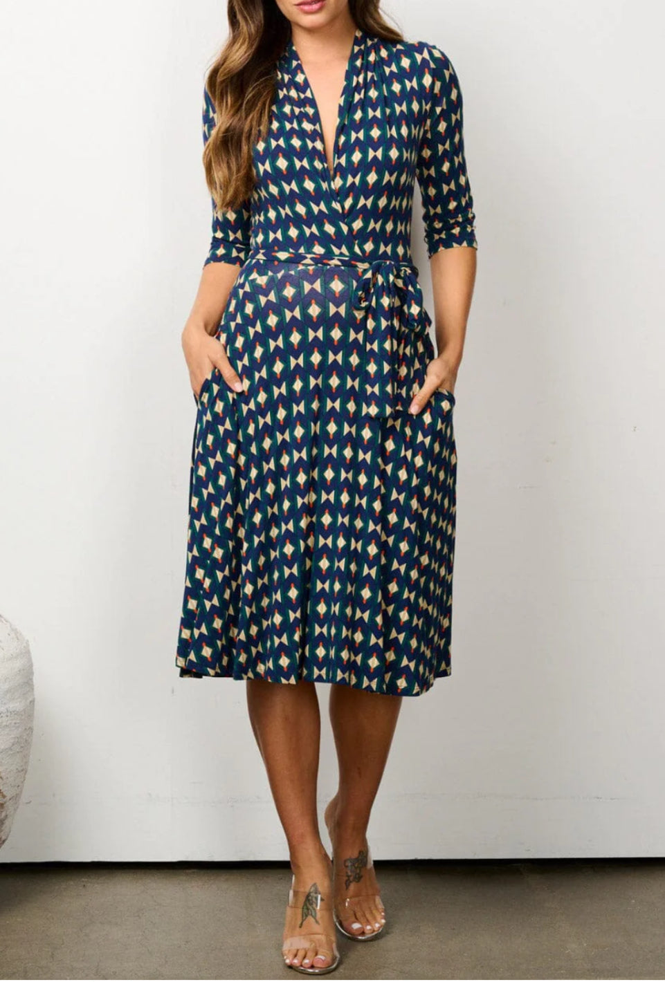 020124 - Leila 3/4 Sleeve Multi Print Midi Dress