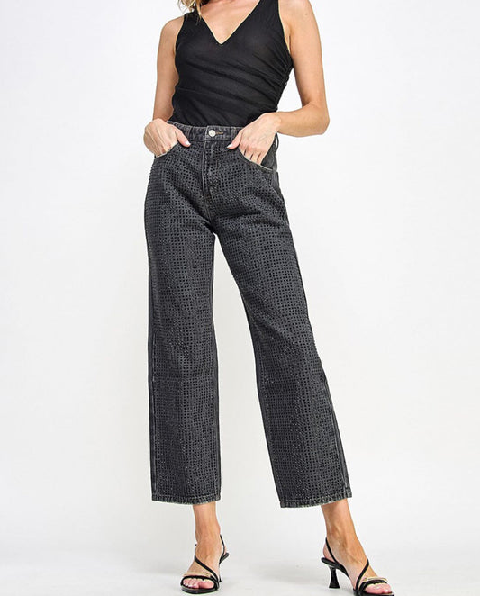 061524 - Julie Button Closure Pockets Wide Leg Denim Studs Pants