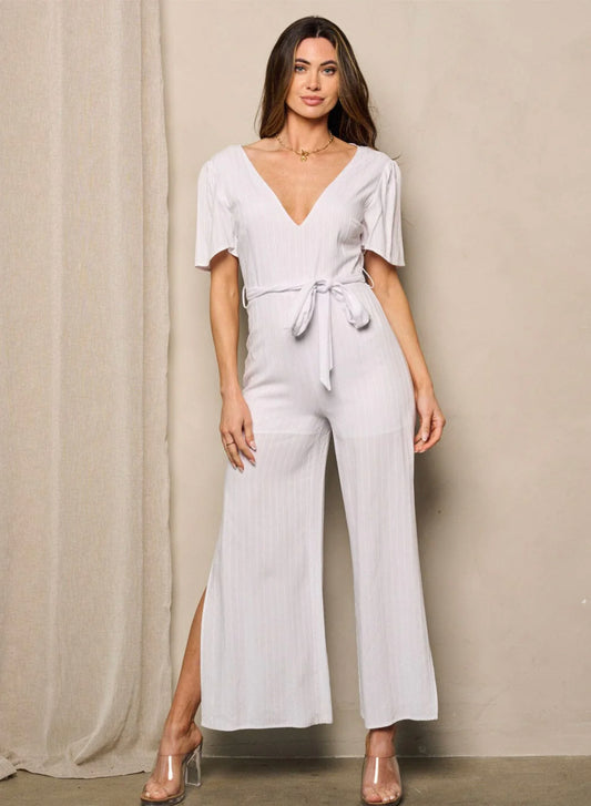 101623 V-neck Side Slit Jumpsuit