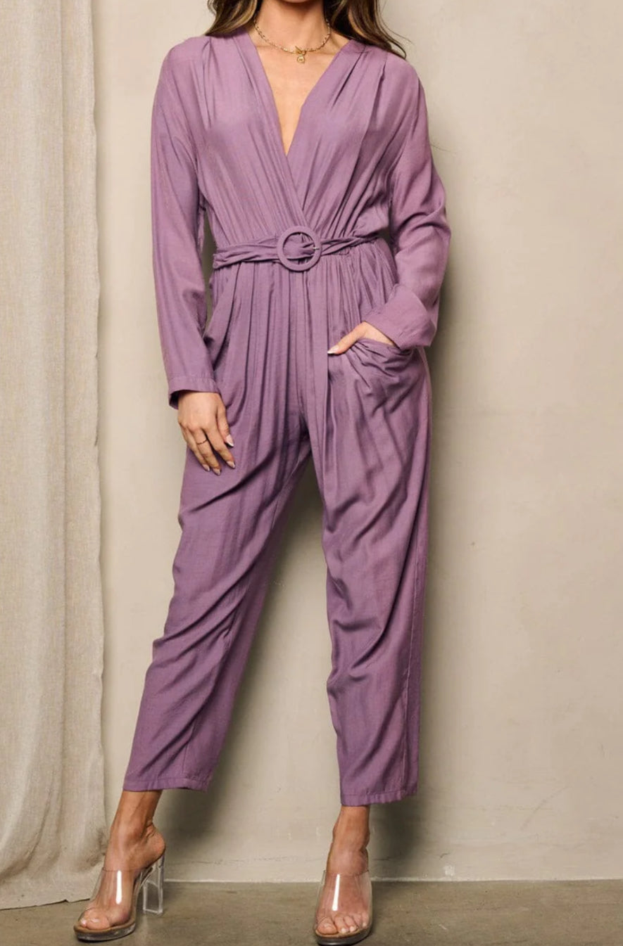 020524 - Lilly Long Sleeve V-neck Surplice Pockets Jumpsuit