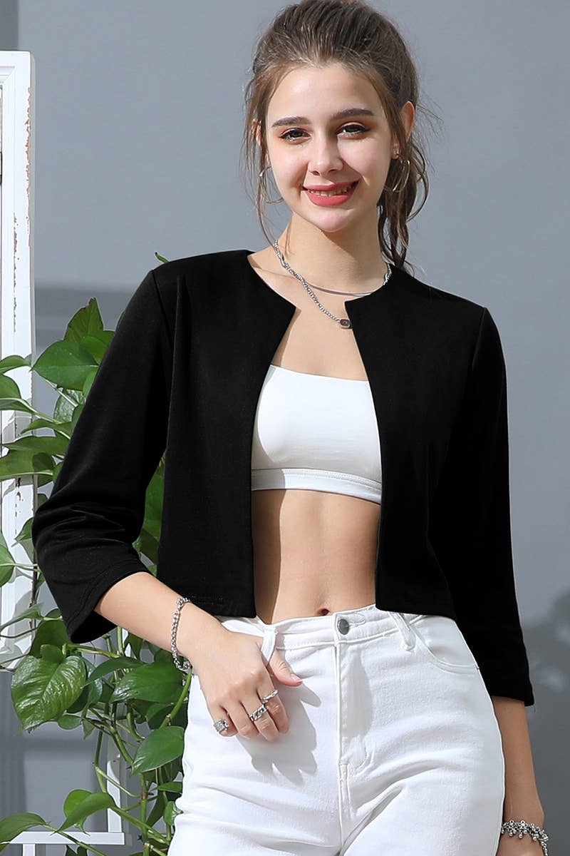051726 - JENNY SOLID OPEN FRONT 3/4 SLEEVE JACKET BLAZER