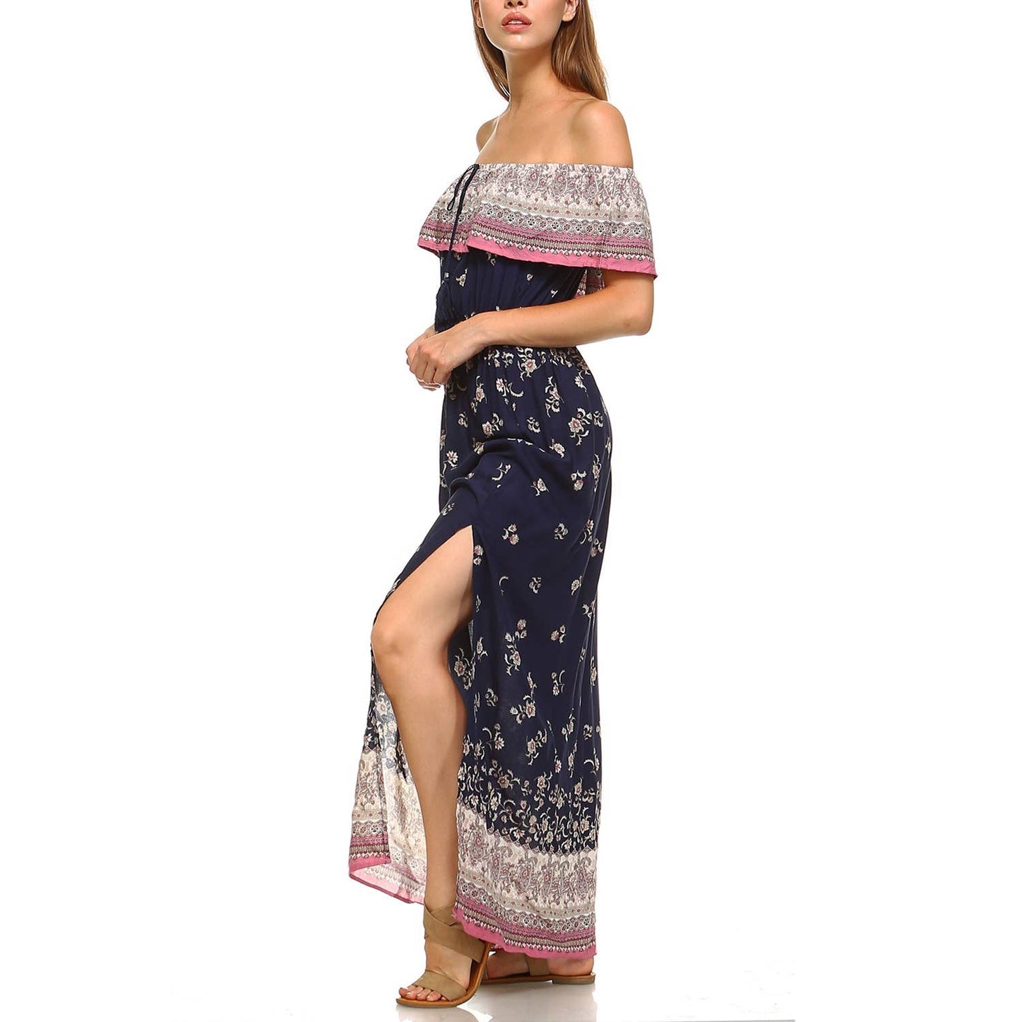 041626 Ofelia Floral Print Off Shoulder Maxi Dress
