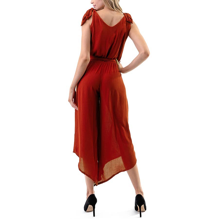 041326 Arlene Sleeveless V-neck Wide Leg Capri Jumpsuit