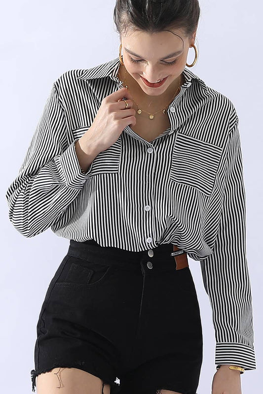 051226 Julie Striped Button Down Long Sleeve Collared Shirts