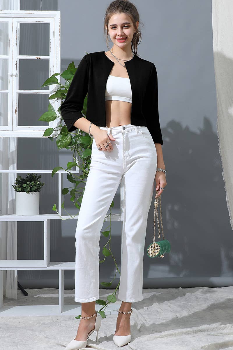 051726 - JENNY SOLID OPEN FRONT 3/4 SLEEVE JACKET BLAZER