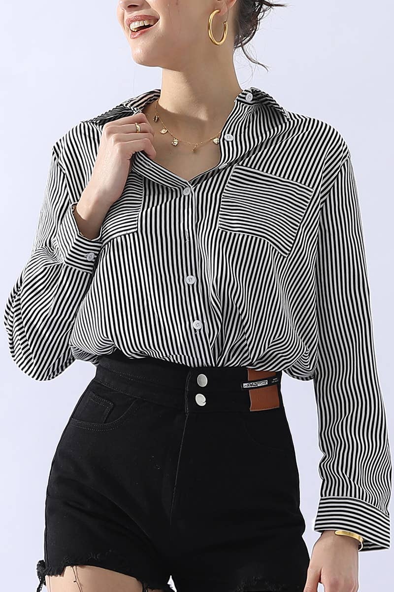 051226 Julie Striped Button Down Long Sleeve Collared Shirts