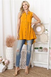 7103 Plus Size - Sleeveless Button Down Swiss Dot Top