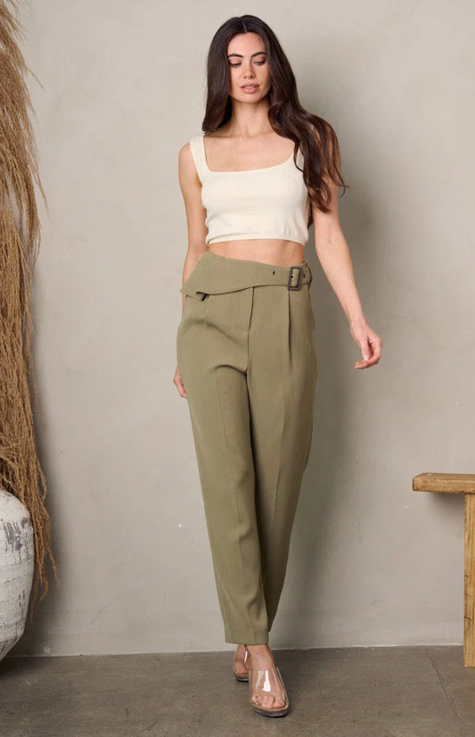 7353 Front Belt Pockets Pleated Pants