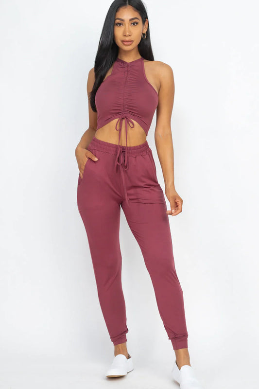 (5833) Lani Halter Neck Front Ruched Top & Pants Set