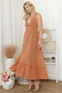 6023 -Myrna Brown Cross Spaghetti Strap Maxi Dress