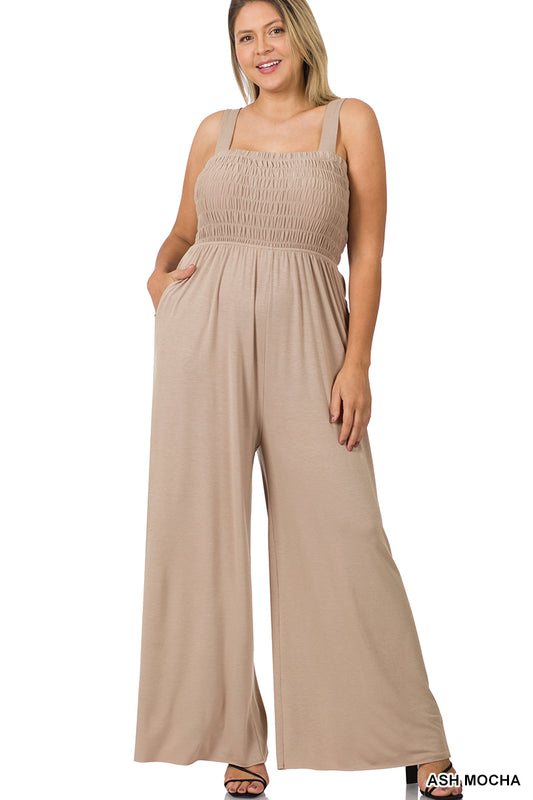 (4703) Tifanny Plus Size - Smocked Top Jumpsuit with Pockets