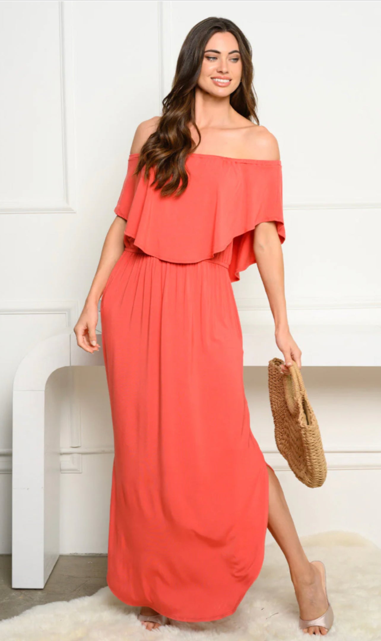 (5983) Lucy Off-shoulder Ruffle Front Maxi Dress