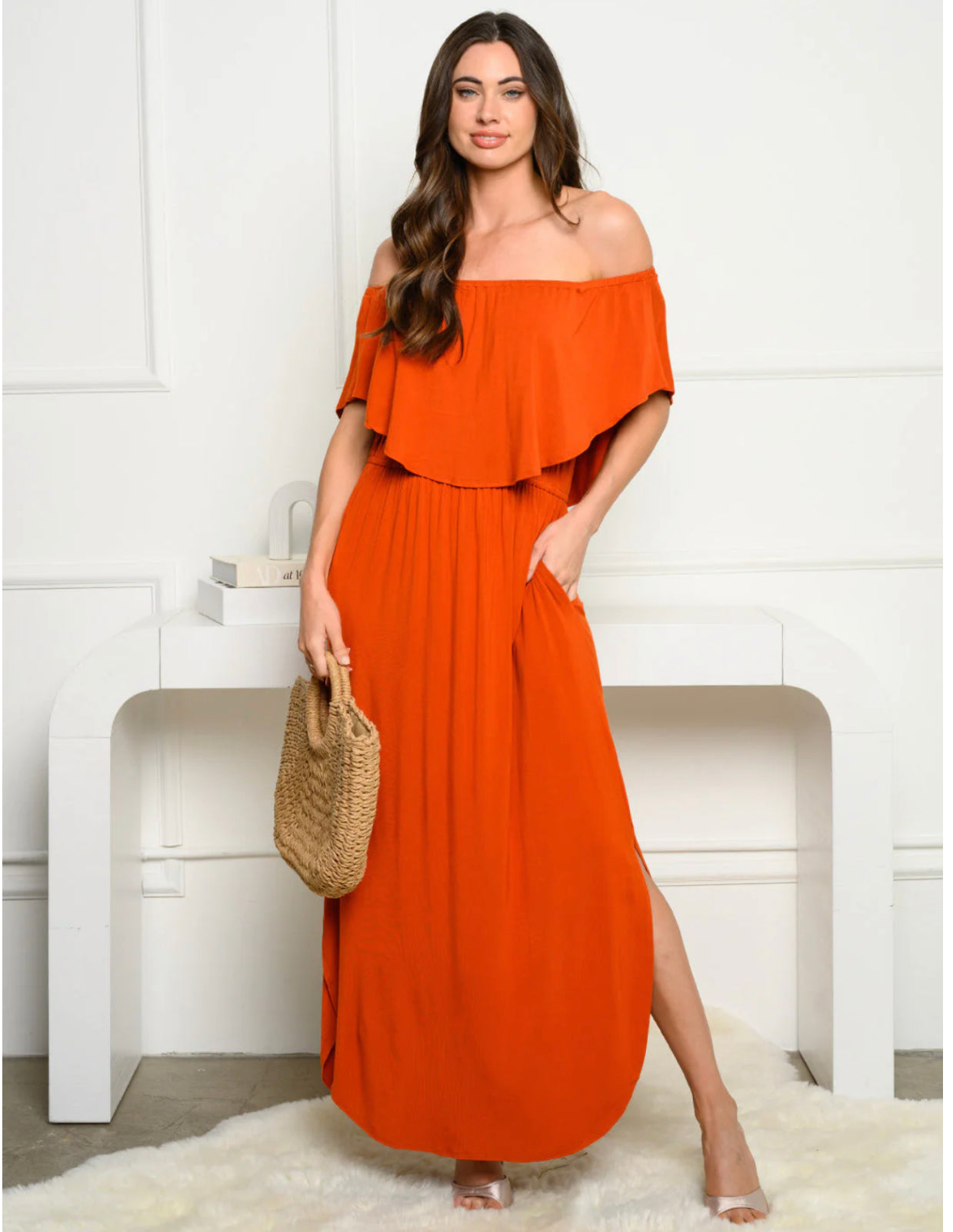 (5983) Lucy Off-shoulder Ruffle Front Maxi Dress