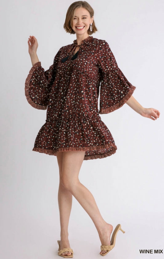 7123 Leopard Bell Sleeve Ruffle Dress