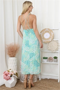 5933) Bheng Aqua Marine Cross Spaghetti Strap Maxi Dress