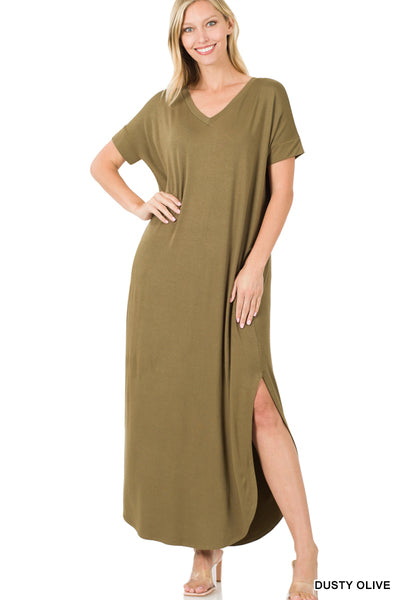 (6083) Viscose Fabric V-Neck Maxi Dress