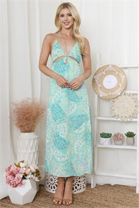 5933) Bheng Aqua Marine Cross Spaghetti Strap Maxi Dress