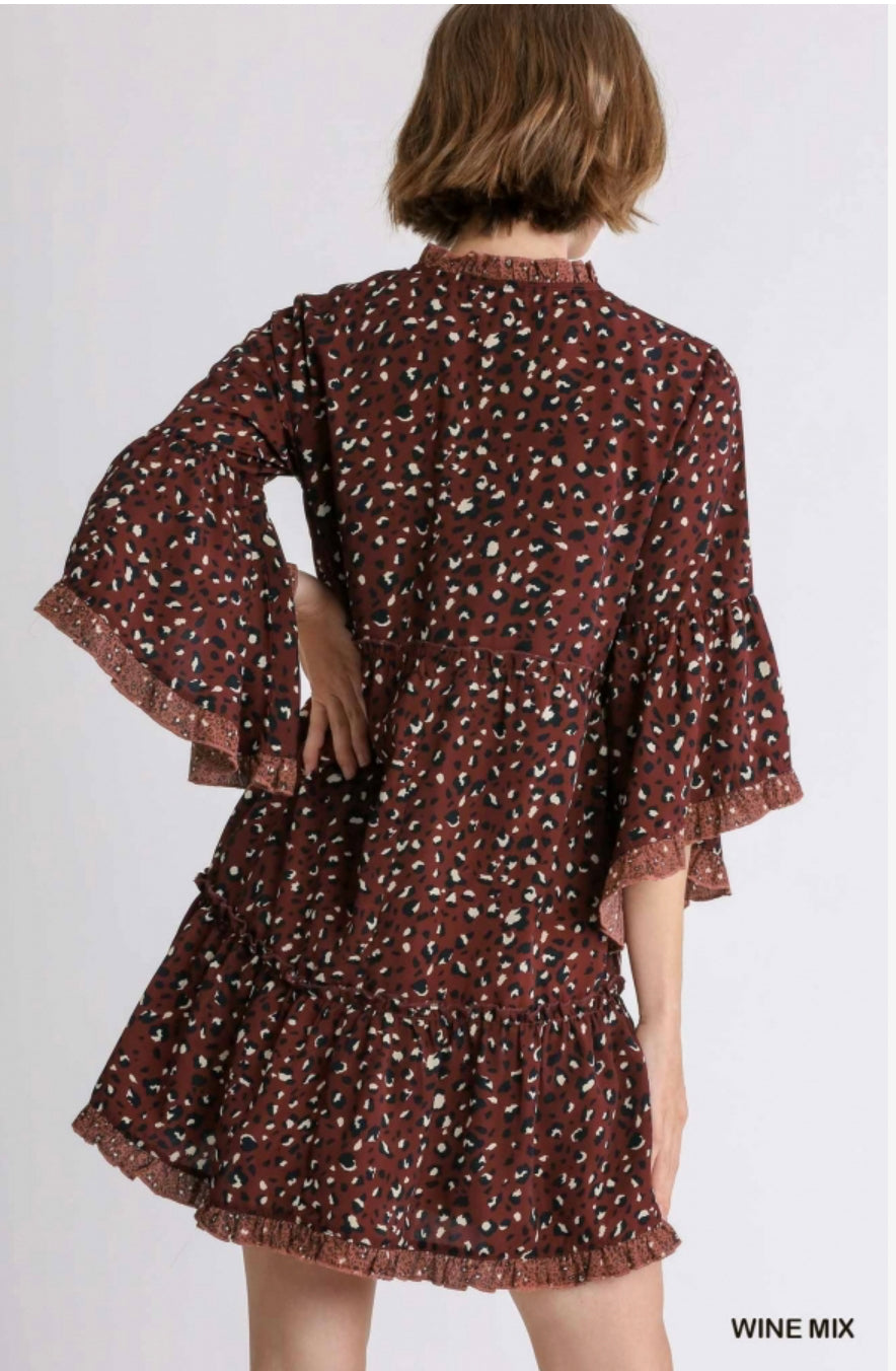 7123 Leopard Bell Sleeve Ruffle Dress